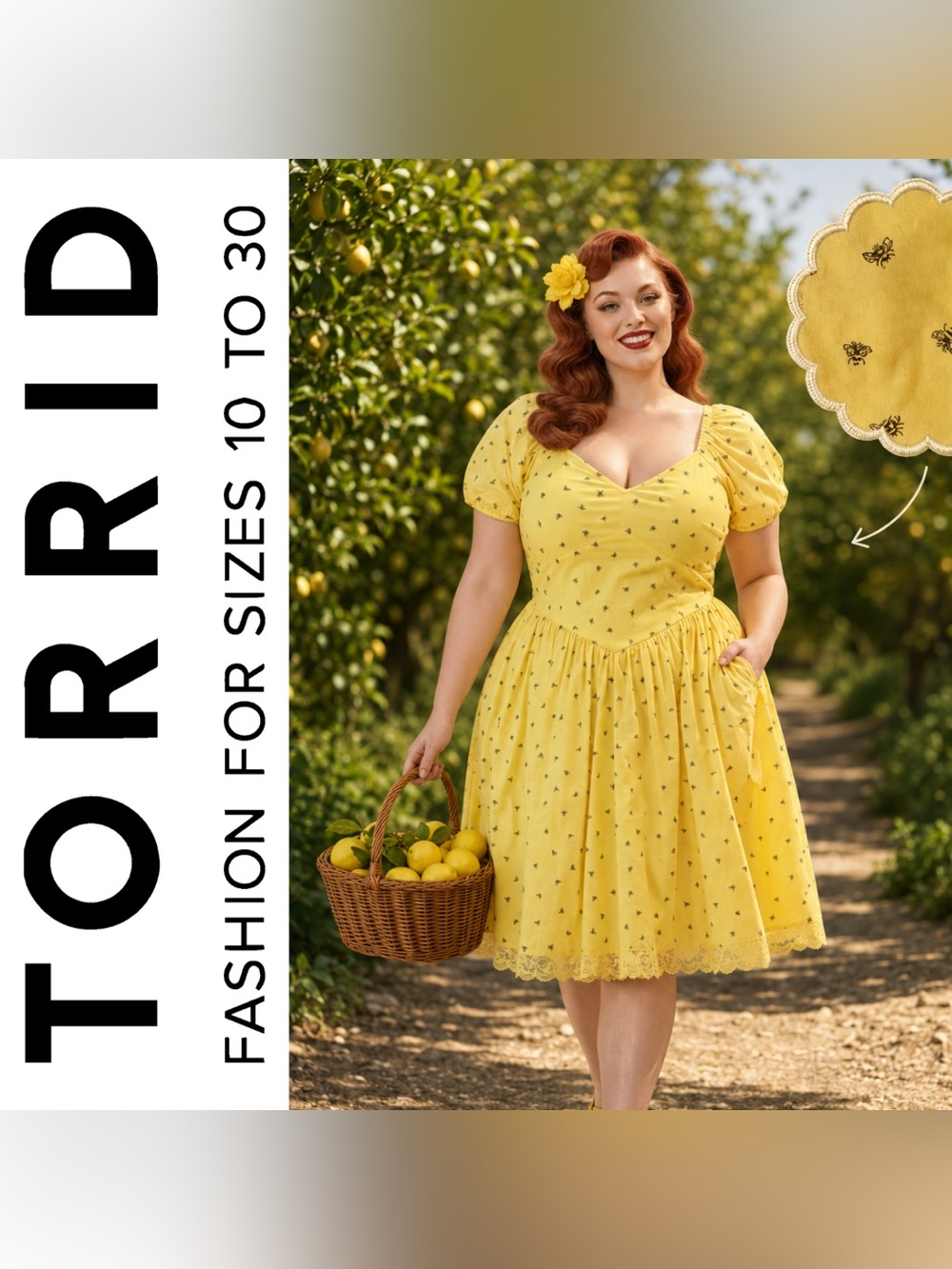 Torrid Retro Chic Yellow Bumblebee Print Puff Sleeve Swing Dress, Med-Lg, NWT!